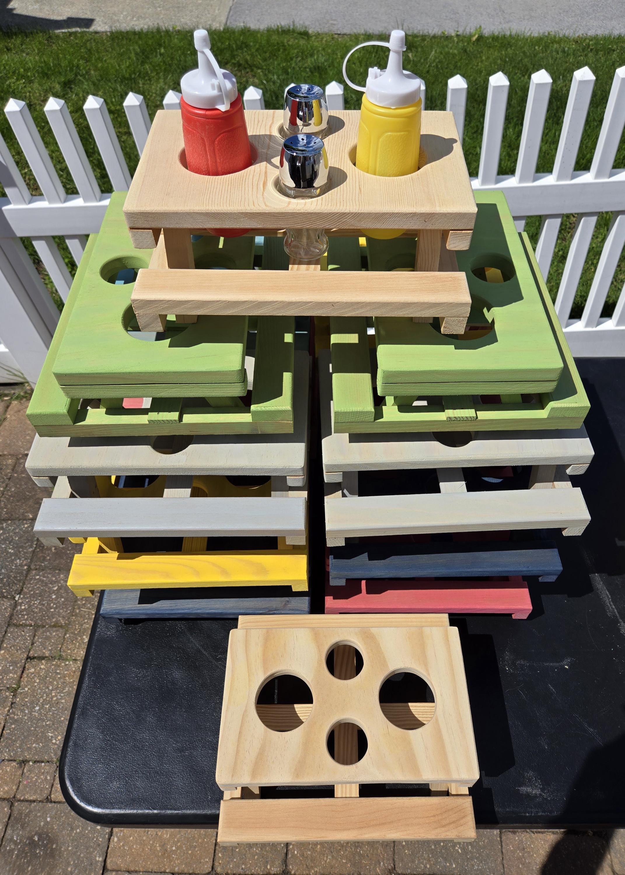 Handmade Wooden Picnic Table Condiment Caddy: Rustic BBQ Sauce Holder