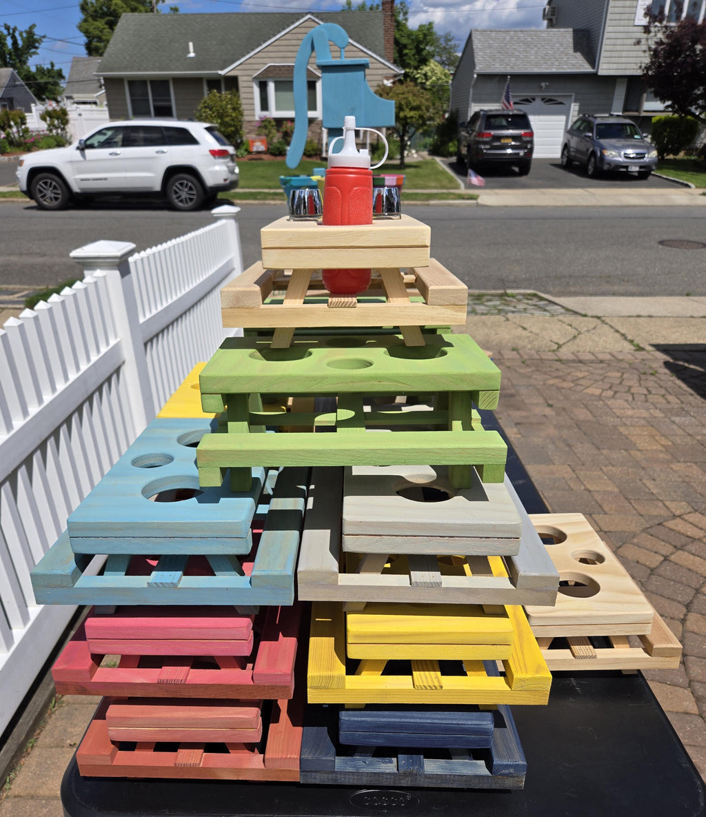 Handmade Wooden Picnic Table Condiment Caddy: Rustic BBQ Sauce Holder